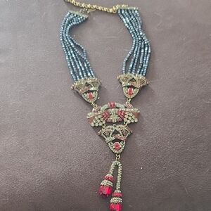 Art Deco-Style Navy Beaded Necklace with Ruby Red Accents